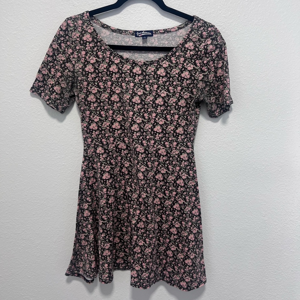 Freshman 1996 Gray Pink Green Floral Baby Doll Dress Size Small